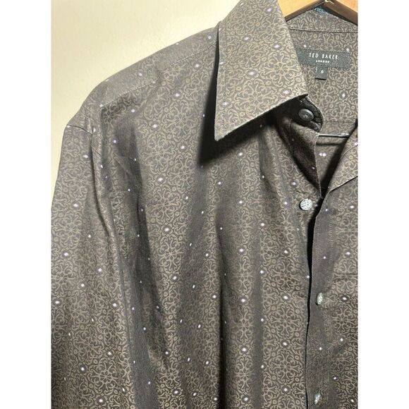 Ted Baker London Long Sleeve Button Shirt Slim Fit Sz XL 5 Brown Pink Polka‎ Dot - Picture 4 of 7